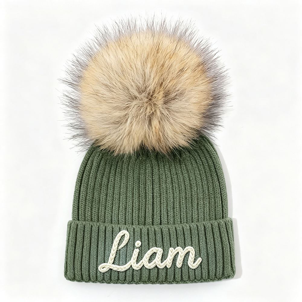 Personalized Hand Embroidered Kids Pom Beanie Winterhat | HSKid87