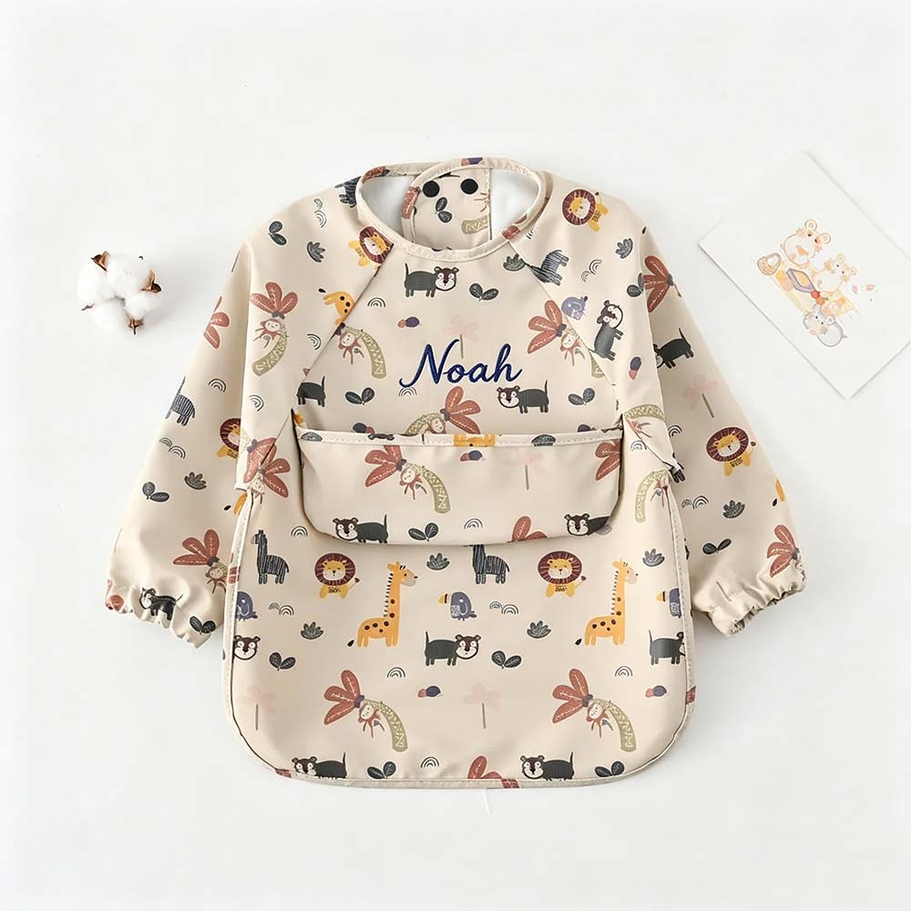 Personalized Embroidered Baby Bib Smock With Sleeves Feeding Cover | CWBaby561