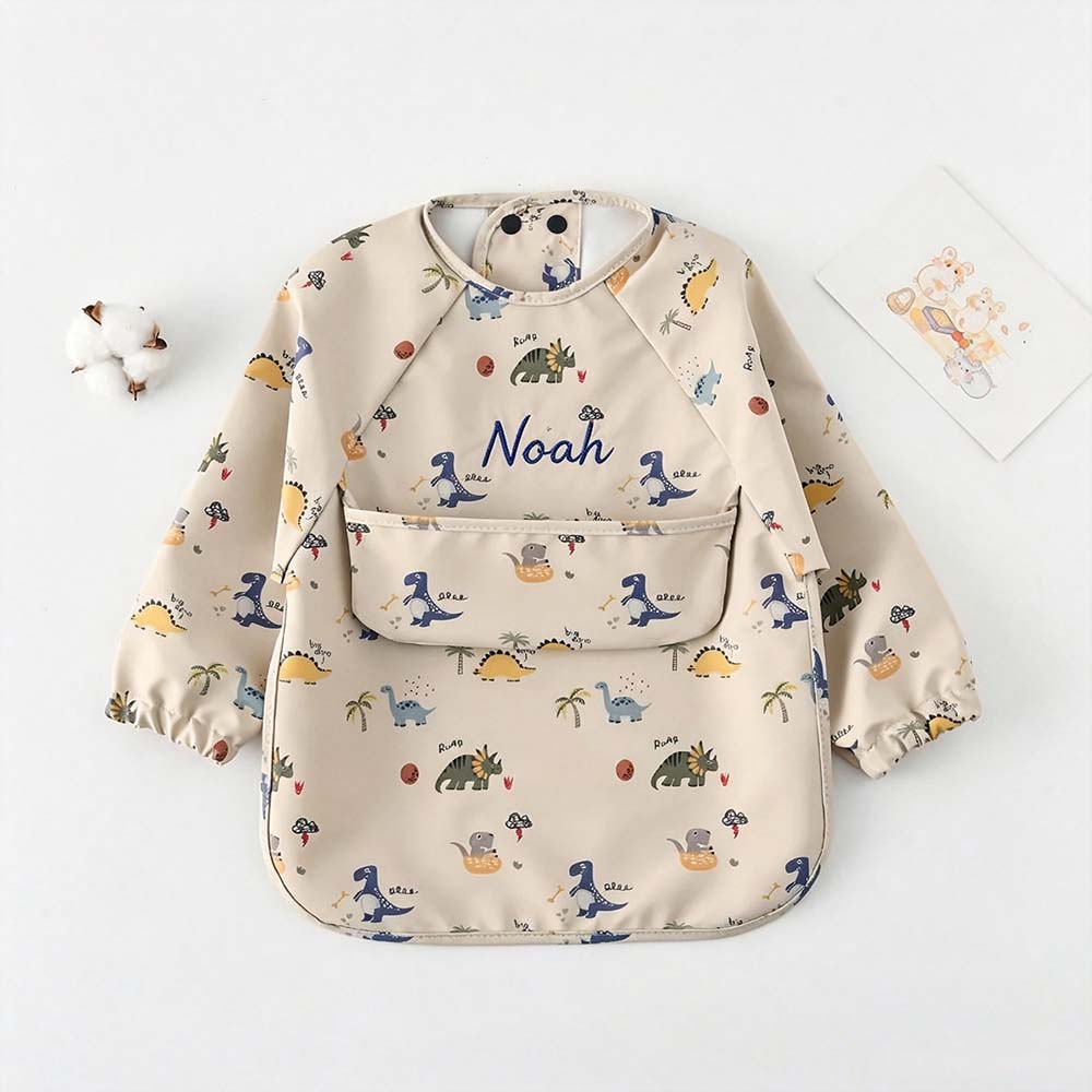 Personalized Embroidered Baby Bib Smock With Sleeves Feeding Cover | CWBaby561