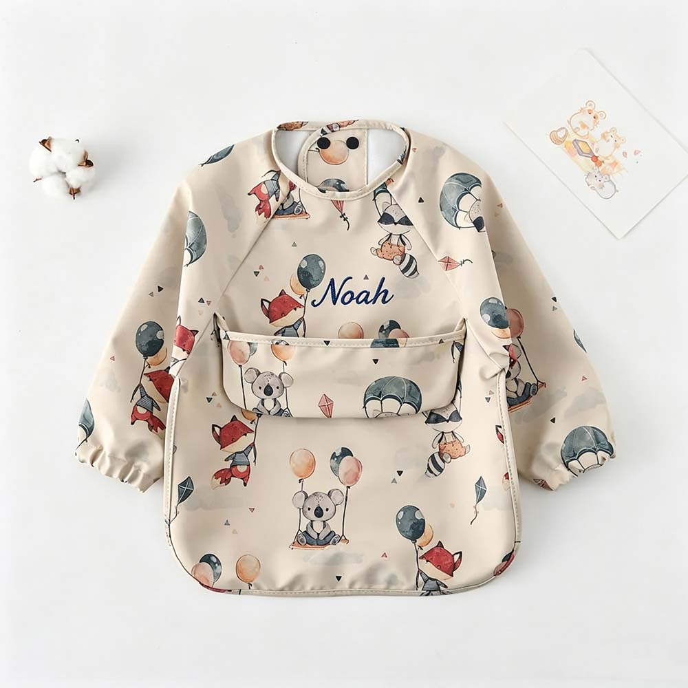 Personalized Embroidered Baby Bib Smock With Sleeves Feeding Cover | CWBaby561