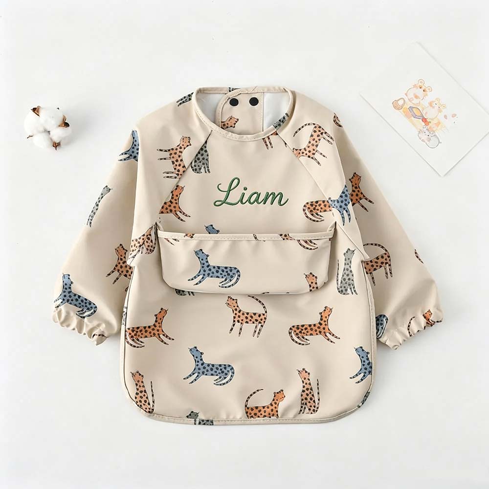 Personalized Embroidered Baby Bib Smock With Sleeves Feeding Cover | CWBaby561