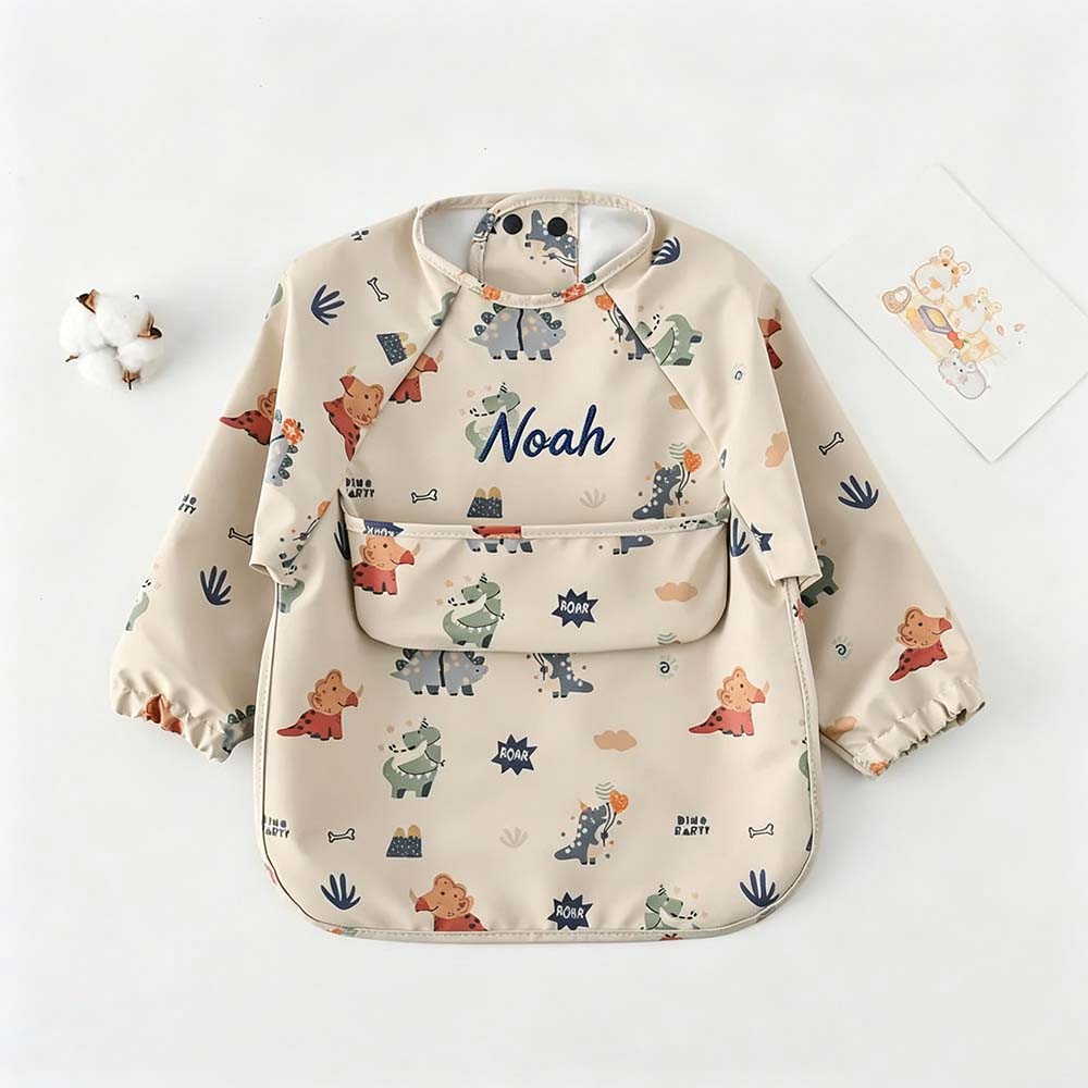 Personalized Embroidered Baby Bib Smock With Sleeves Feeding Cover | CWBaby561