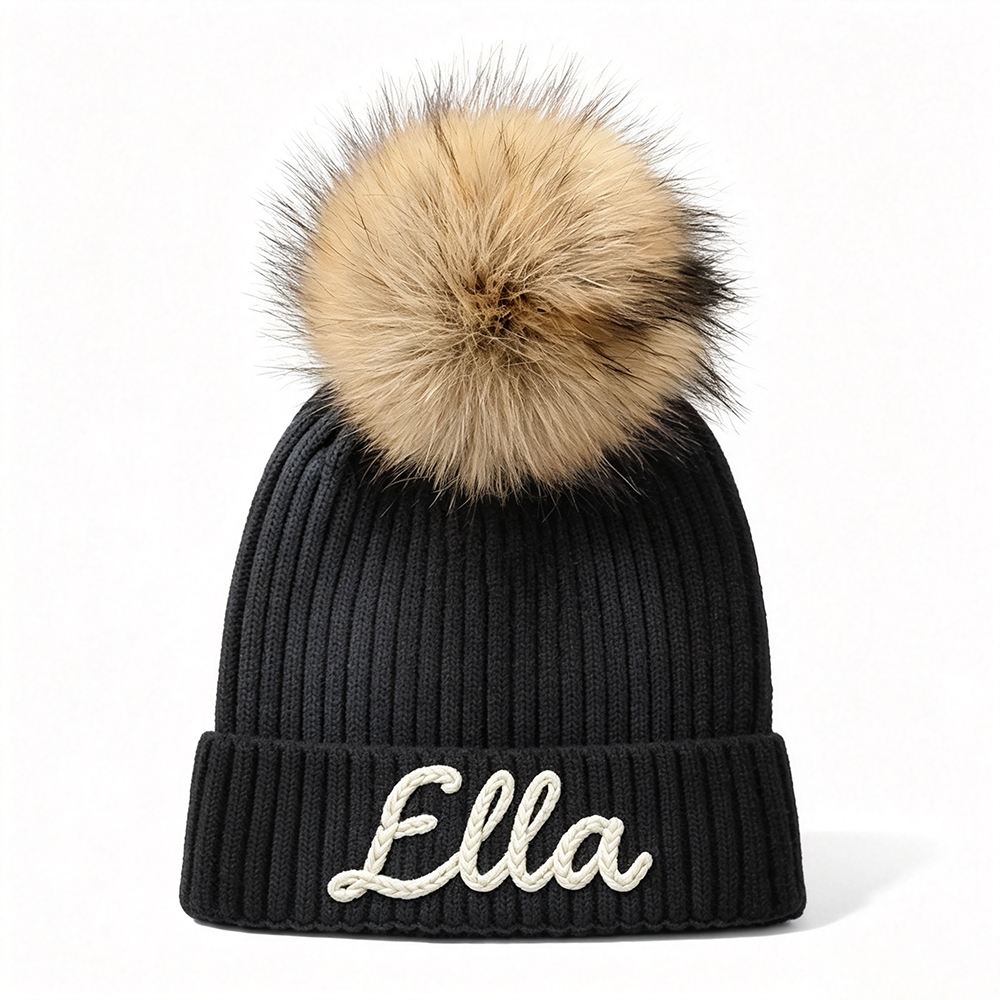 Personalized Hand Embroidered Kids Pom Beanie Winterhat | HSKid87