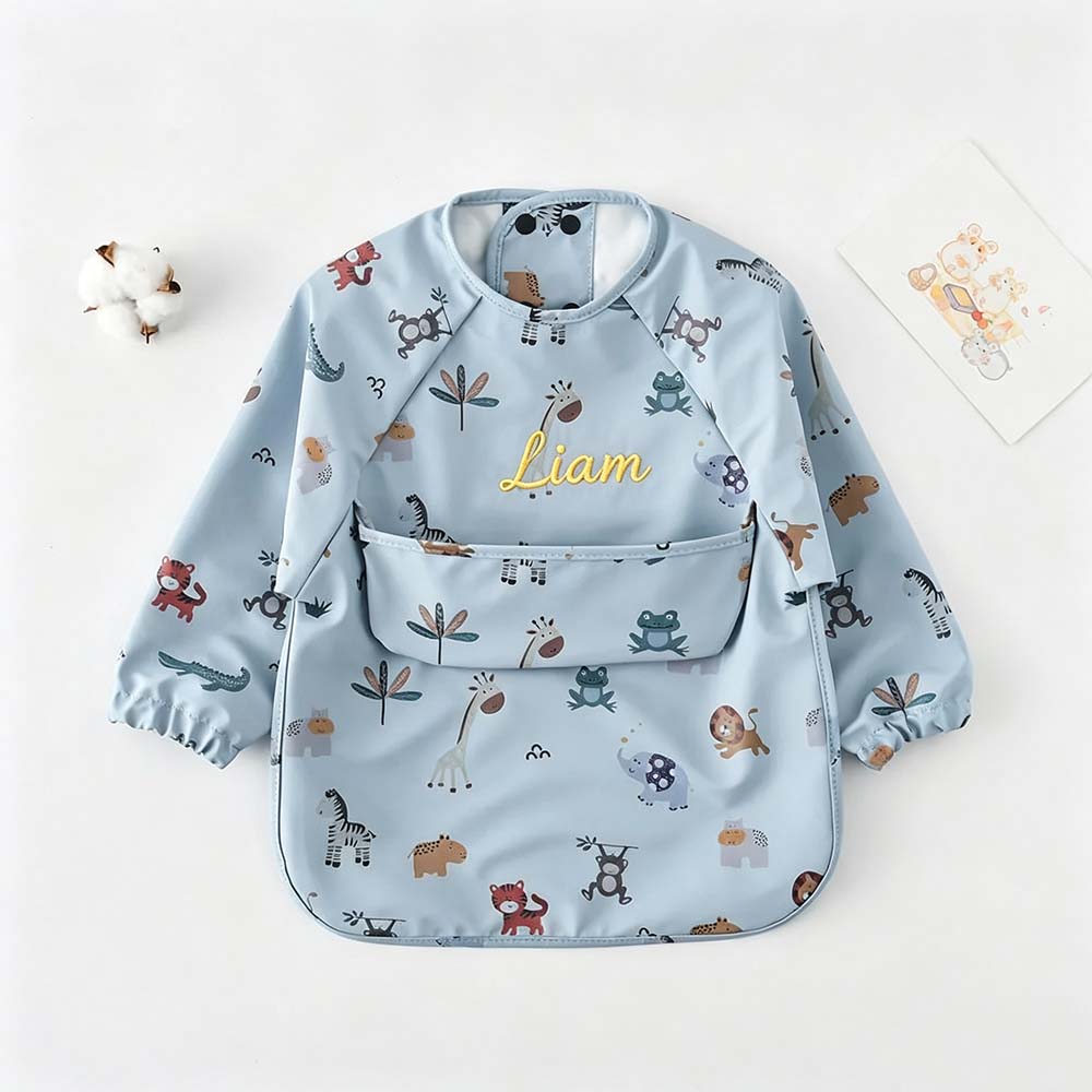 Personalized Embroidered Baby Bib Smock With Sleeves Feeding Cover | CWBaby561