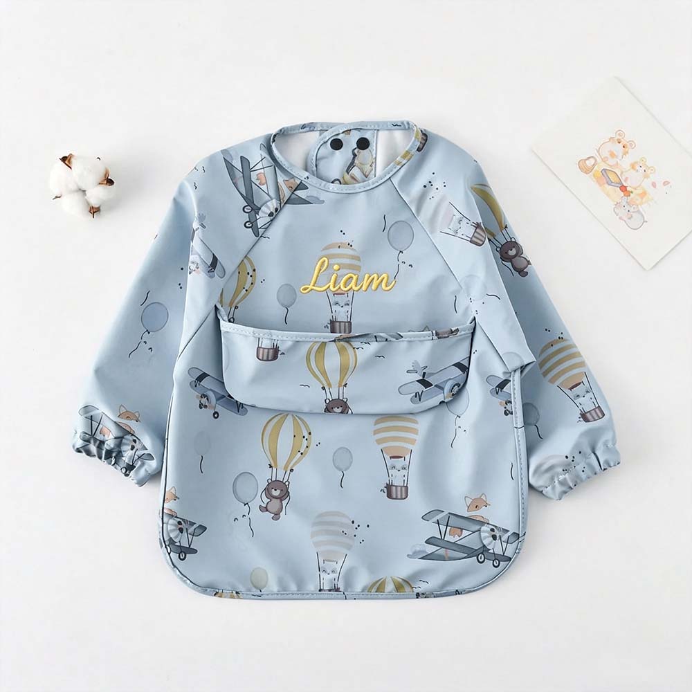 Personalized Embroidered Baby Bib Smock With Sleeves Feeding Cover | CWBaby561