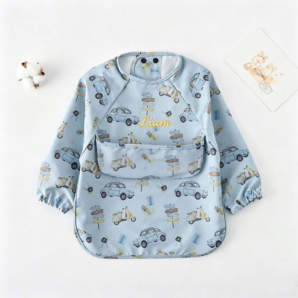 Personalized Embroidered Baby Bib Smock With Sleeves Feeding Cover | CWBaby561