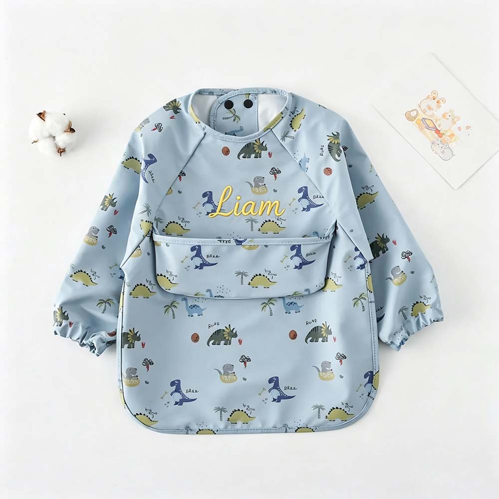 Personalized Embroidered Baby Bib Smock With Sleeves Feeding Cover | CWBaby561