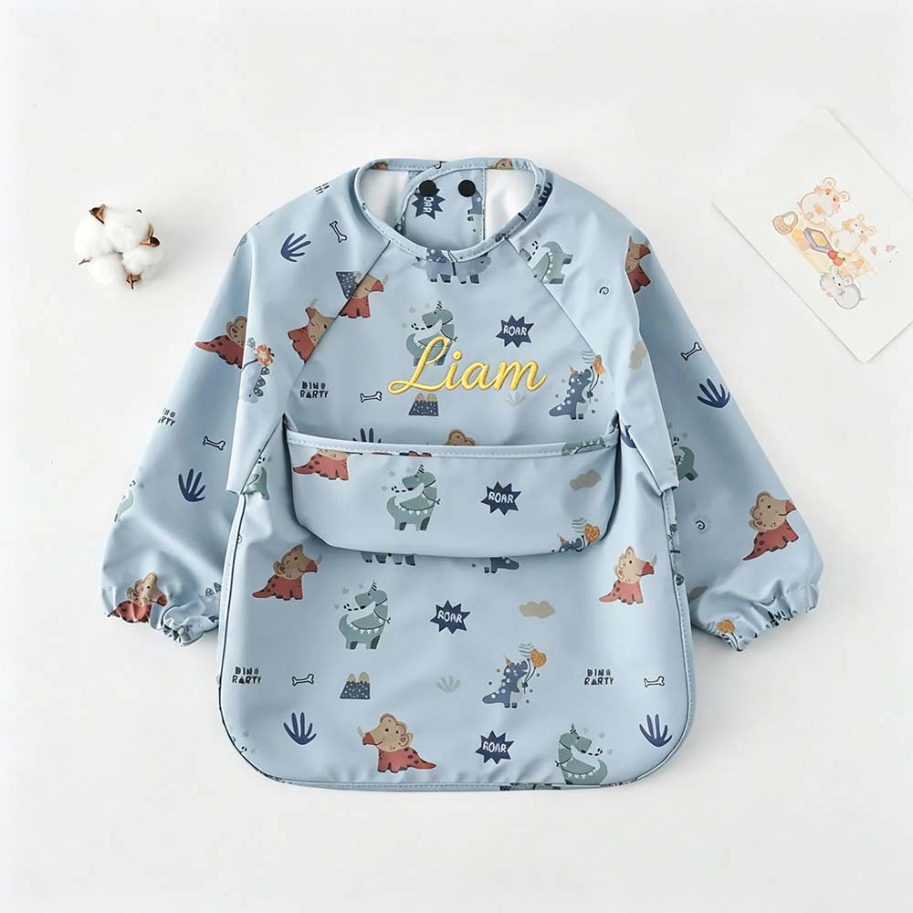 Personalized Embroidered Baby Bib Smock With Sleeves Feeding Cover | CWBaby561