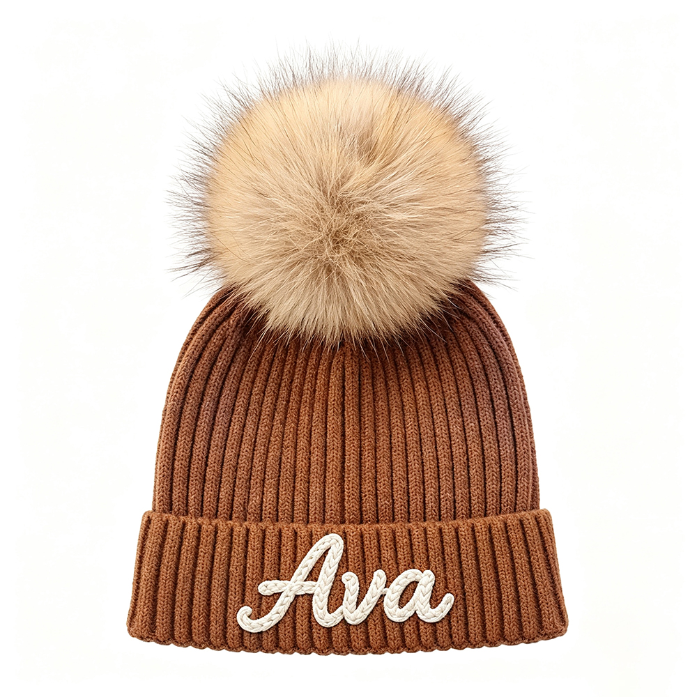 Personalized Hand Embroidered Kids Pom Beanie Winterhat | HSKid87