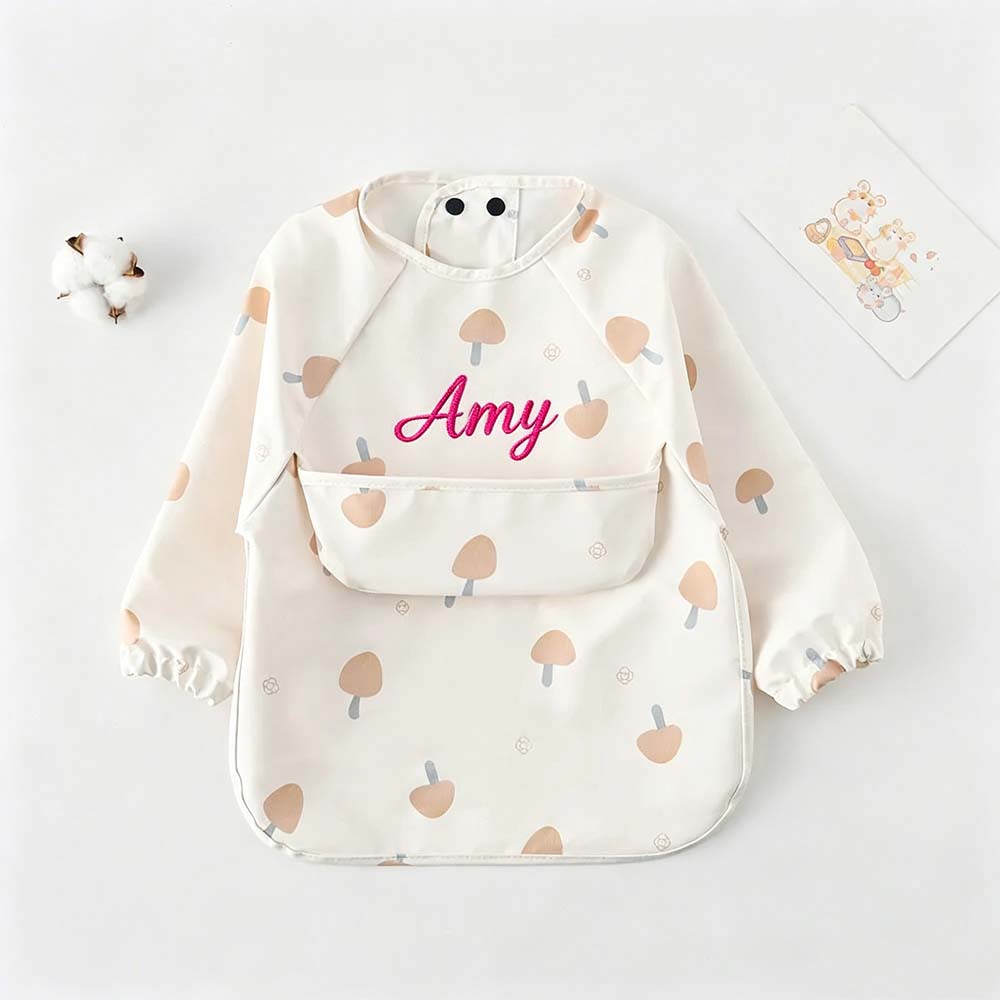 Personalized Embroidered Baby Bib Smock With Sleeves Feeding Cover | CWBaby561