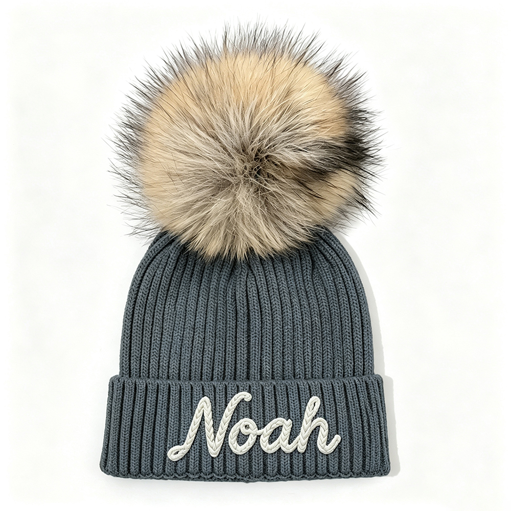 Personalized Hand Embroidered Kids Pom Beanie Winterhat | HSKid87