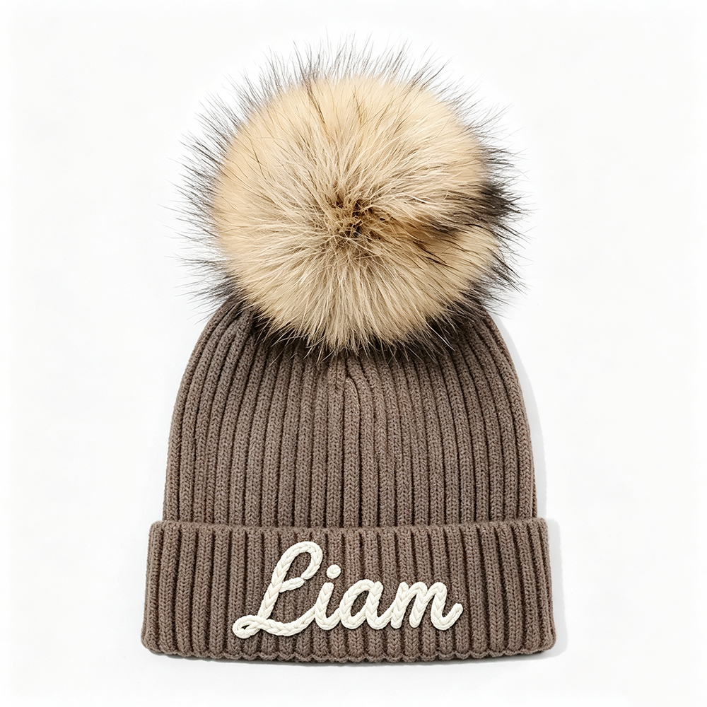 Personalized Hand Embroidered Kids Pom Beanie Winterhat | HSKid87