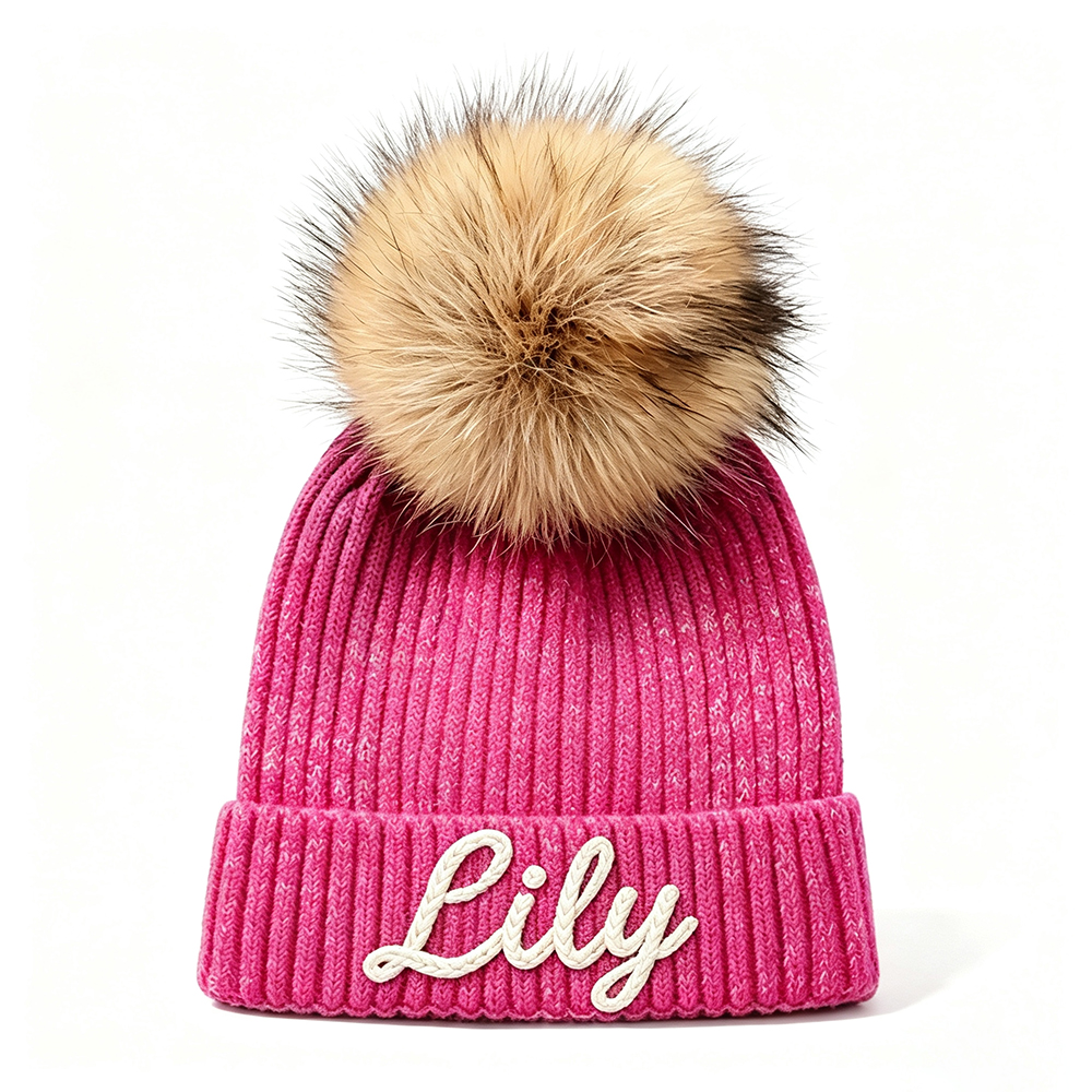 Personalized Hand Embroidered Kids Pom Beanie Winterhat | HSKid87