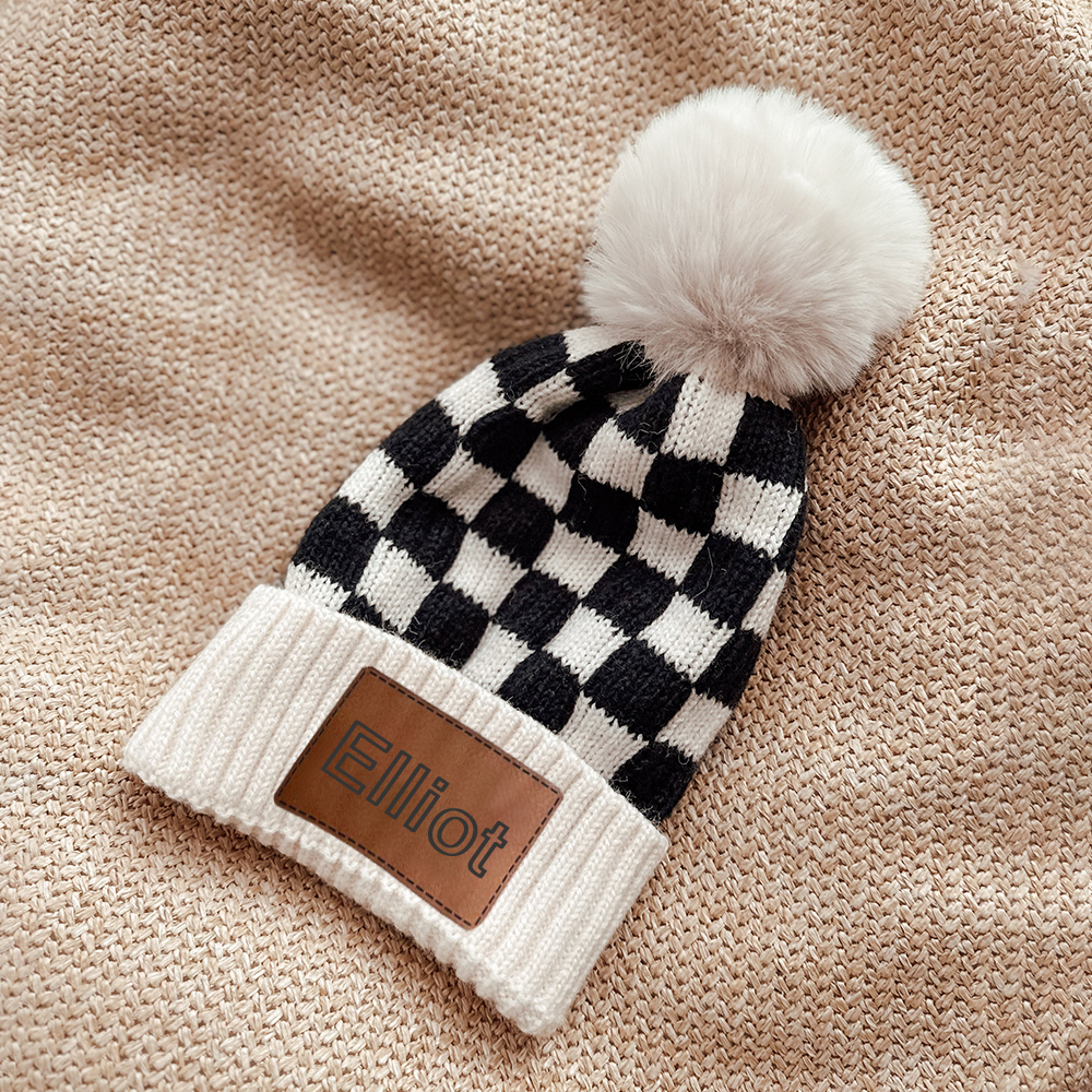 Personalized Leather Patch Pom Pom Beanie for Comfort & Unique | HSKid36