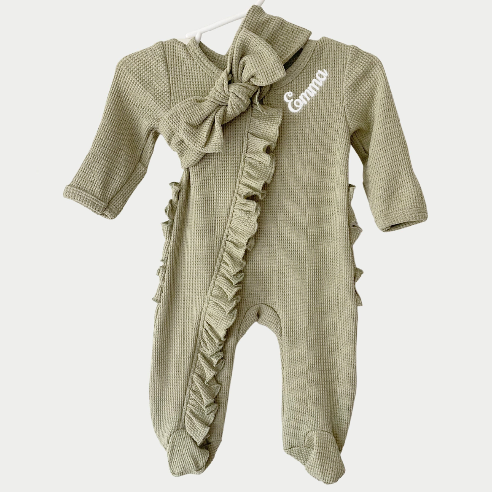 Personalized Newborn Embroidery Waffle Ruffled Romper With Bow | CWBaby354