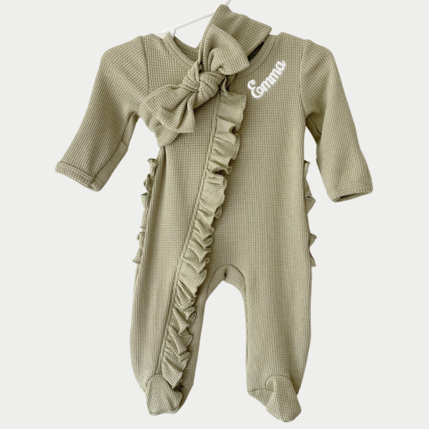 Personalized Newborn Embroidery Waffle Ruffled Romper With Bow | CWBaby354