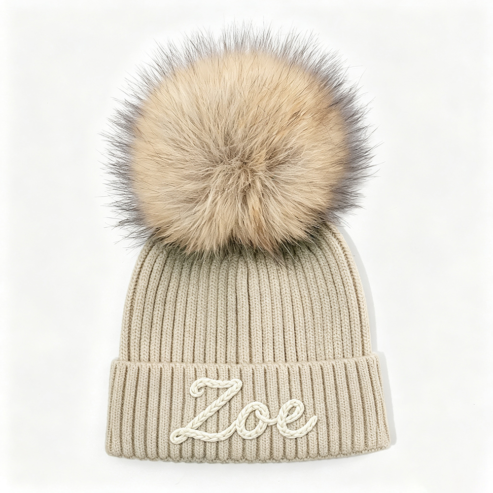 Personalized Hand Embroidered Kids Pom Beanie Winterhat | HSKid87