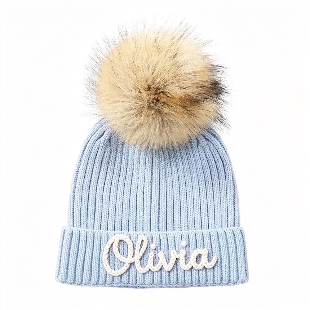 Personalized Hand Embroidered Kids Pom Beanie Winterhat | HSKid87