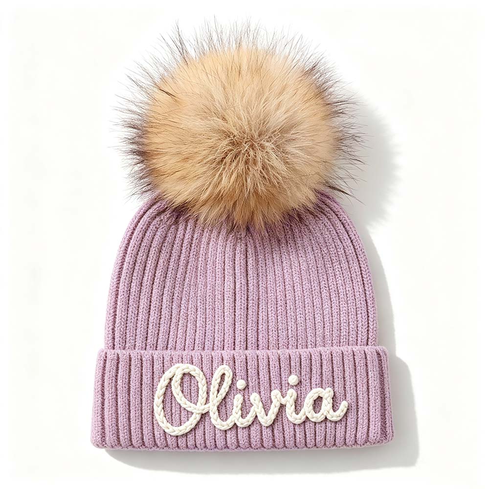 Personalized Hand Embroidered Kids Pom Beanie Winterhat | HSKid87