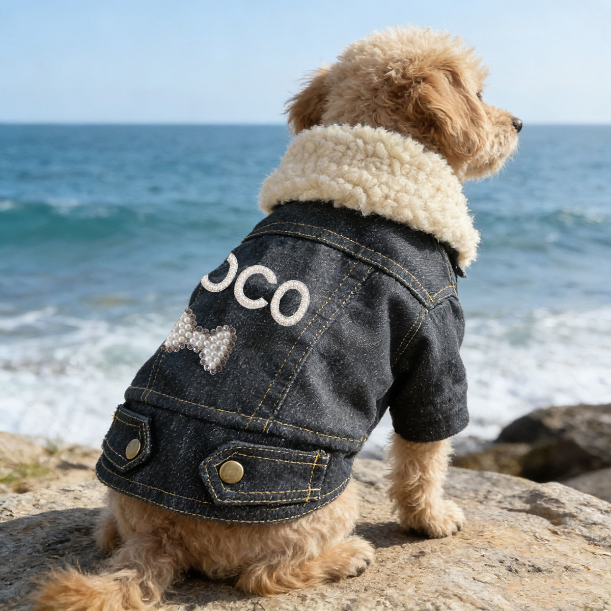 Personalized Handmade Pearl Patch Fleece-Lined Denim Dog Jacket | MNCloth226
