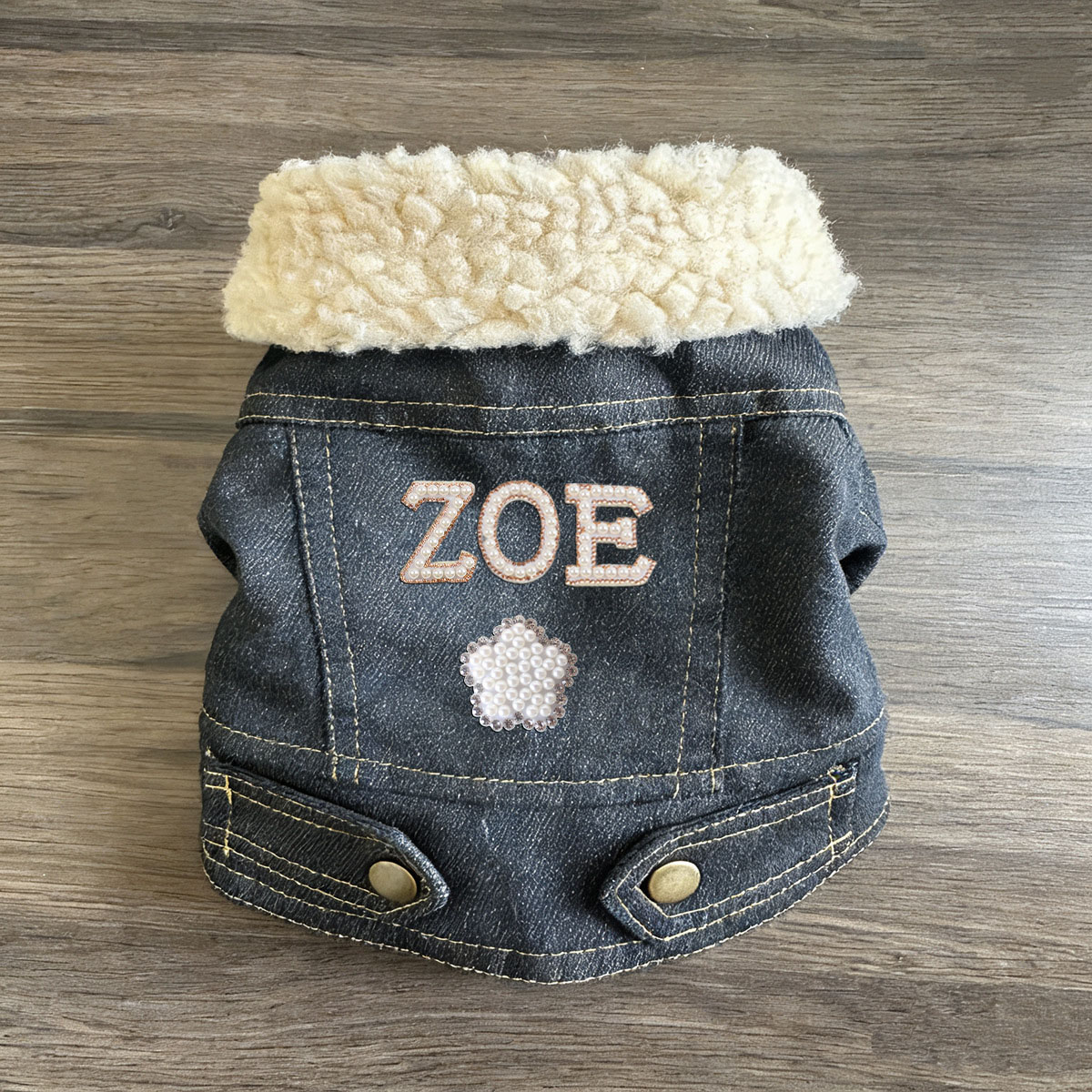 Personalized Handmade Pearl Patch Fleece-Lined Denim Dog Jacket | MNCloth226