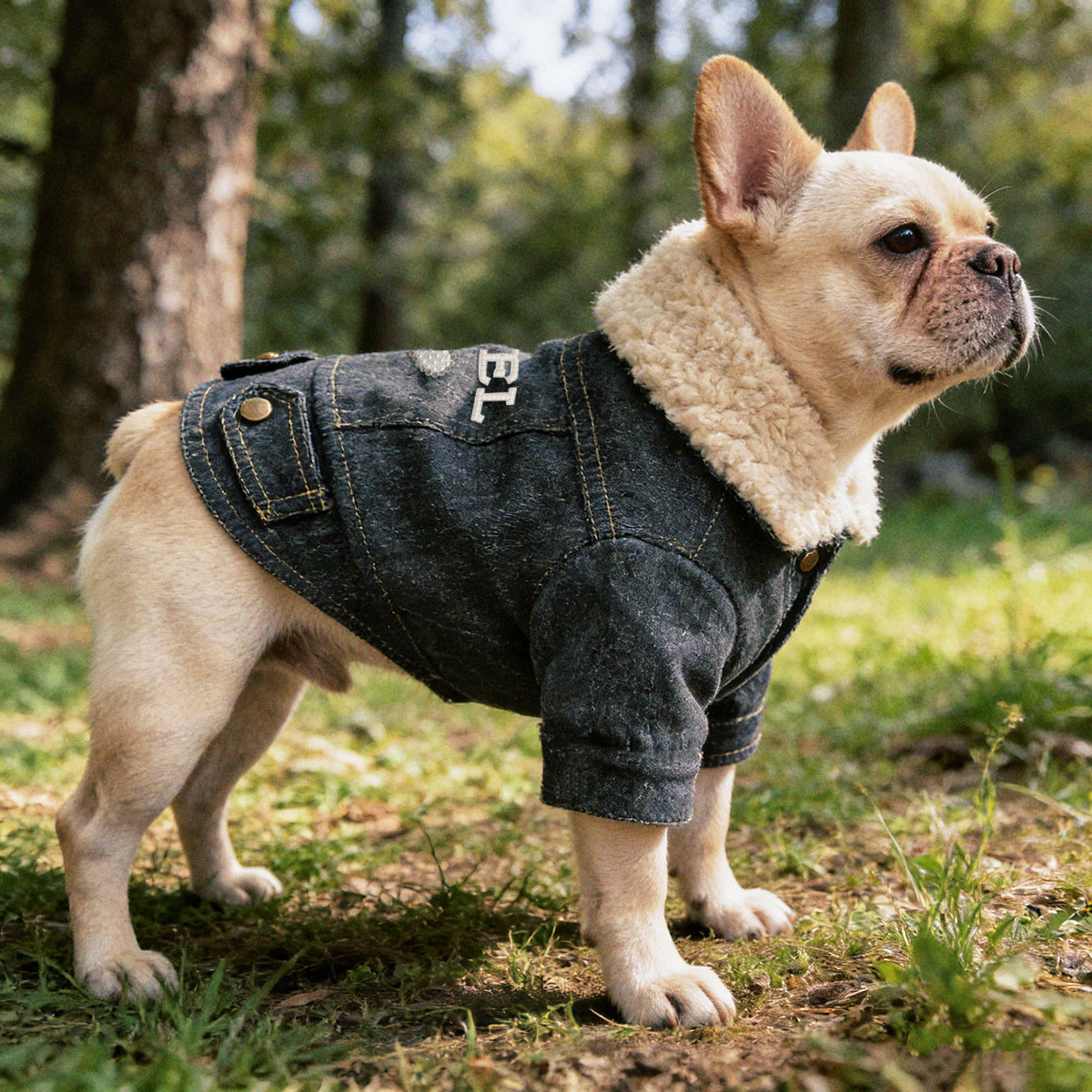 Personalized Handmade Pearl Patch Fleece-Lined Denim Dog Jacket | MNCloth226