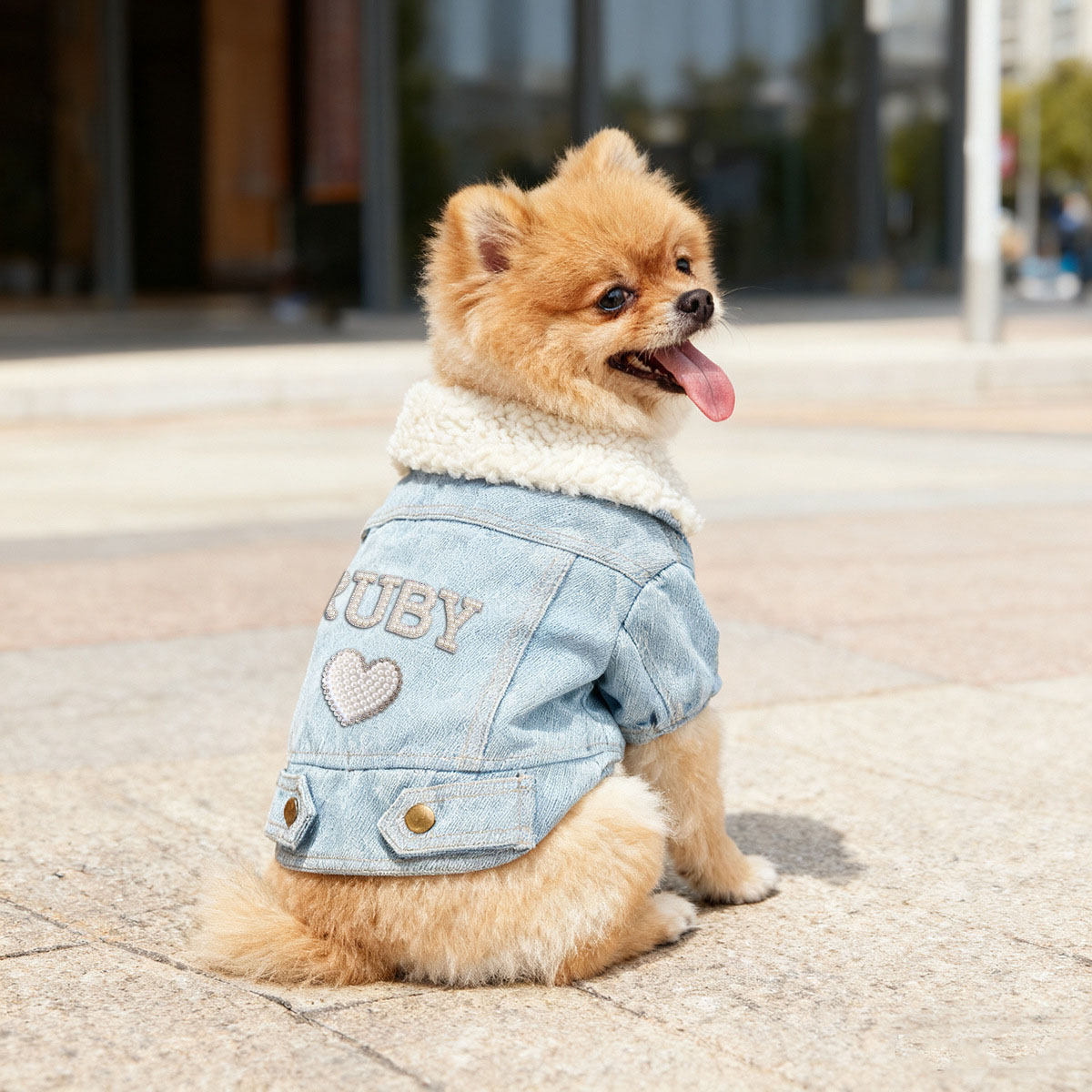 Personalized Handmade Pearl Patch Fleece-Lined Denim Dog Jacket | MNCloth226