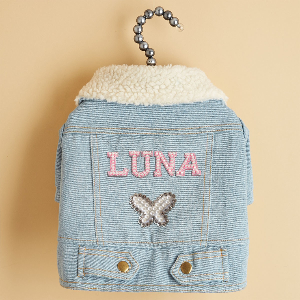 Personalized Handmade Pearl Patch Fleece-Lined Denim Dog Jacket | MNCloth226
