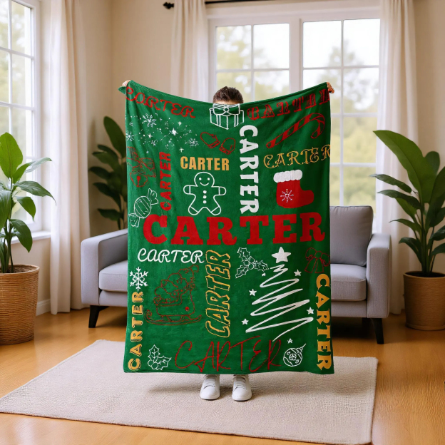 Personalized Merry Christmas Blanket – Custom Name Flannel Throw for Xmas Home & Gifts | BKMC18