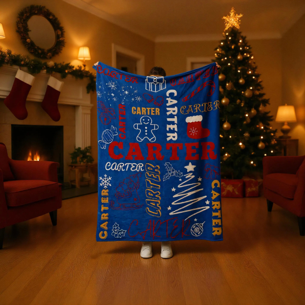 Personalized Merry Christmas Blanket – Custom Name Flannel Throw for Xmas Home & Gifts | BKMC18