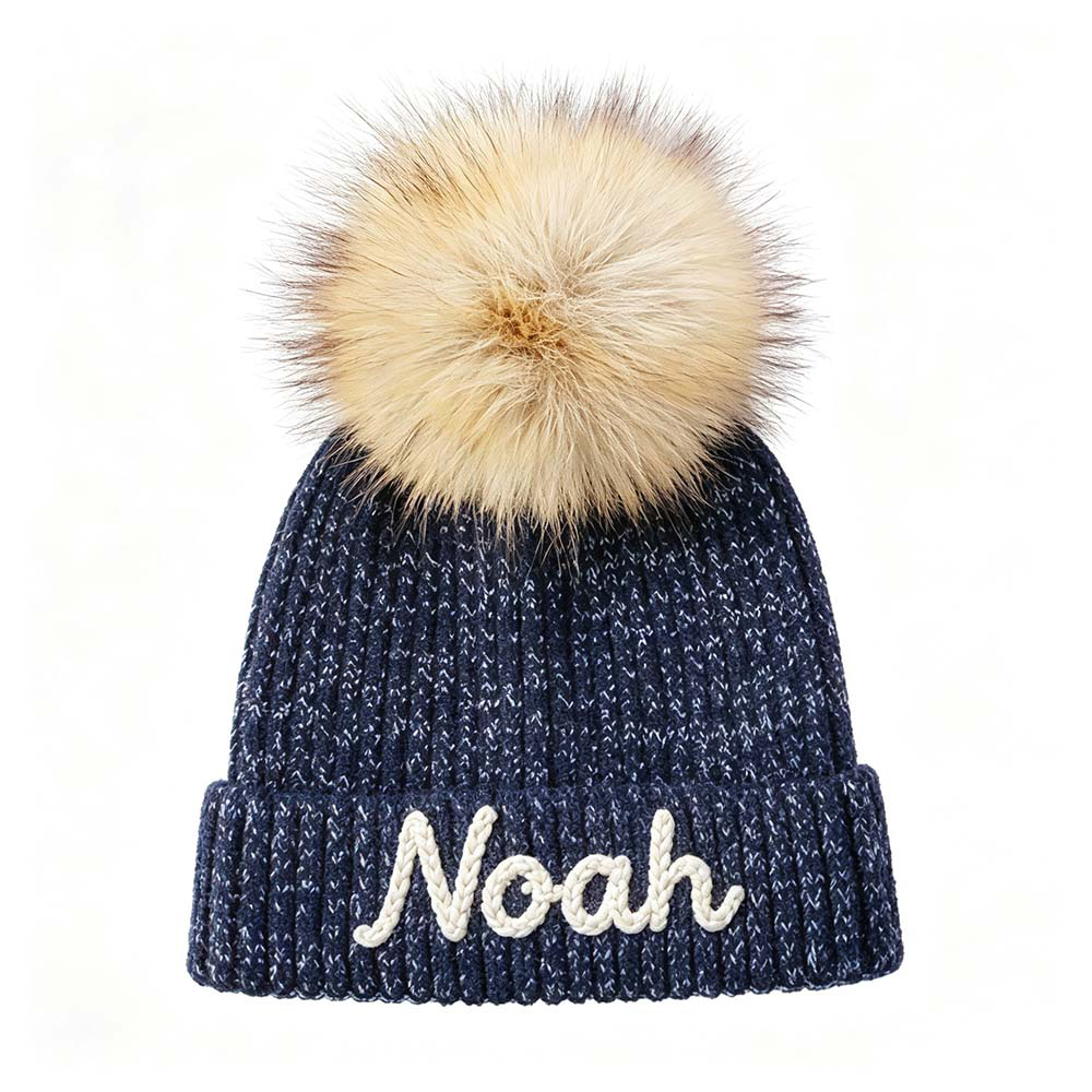 Personalized Hand Embroidered Kids Pom Beanie Winterhat | HSKid87
