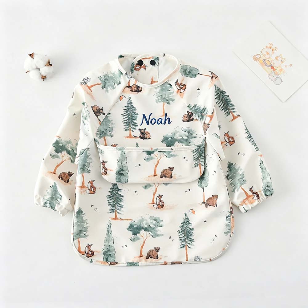 Personalized Embroidered Baby Bib Smock With Sleeves Feeding Cover | CWBaby561