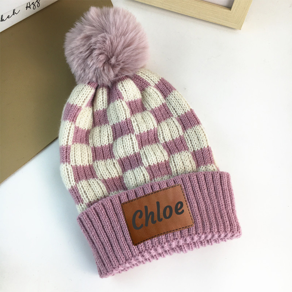 Personalized Leather Patch Pom Pom Beanie for Comfort & Unique | HSKid36
