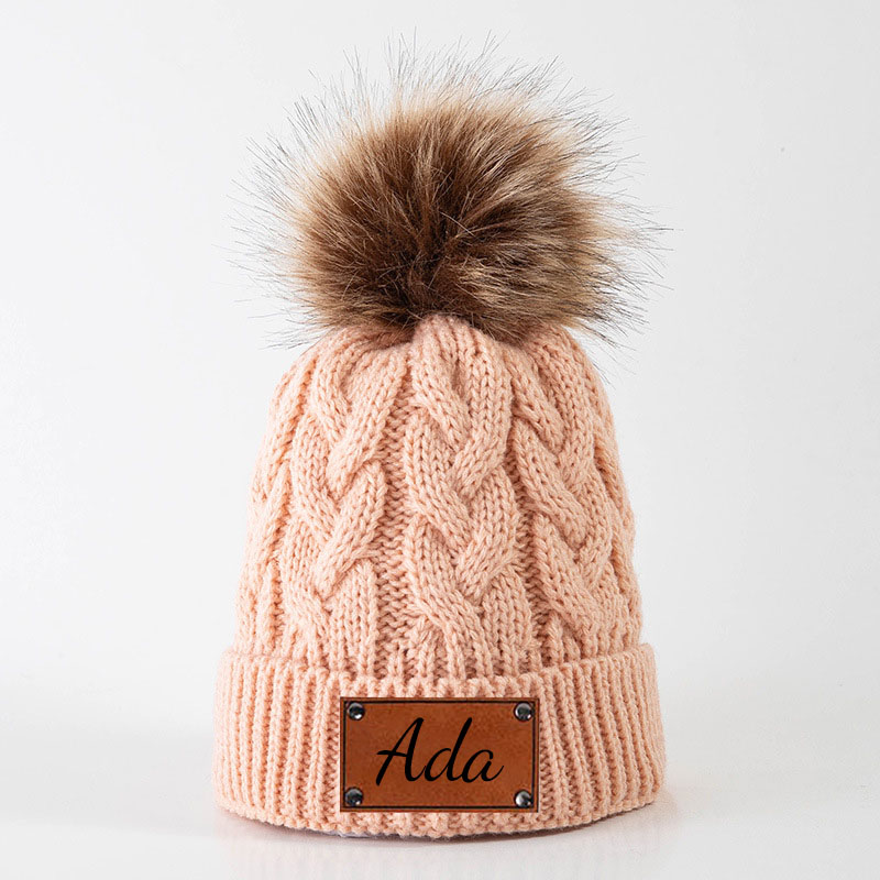 Personalized Leather Patch Pom Pom Hat
