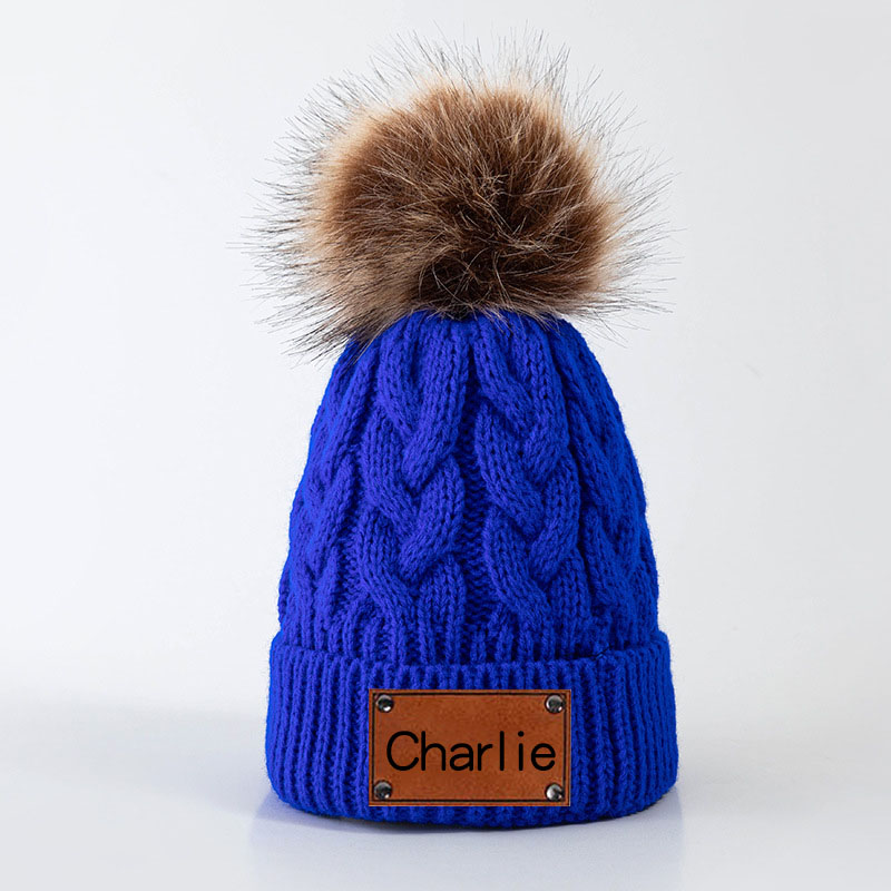 Personalized Leather Patch Pom Pom Hat