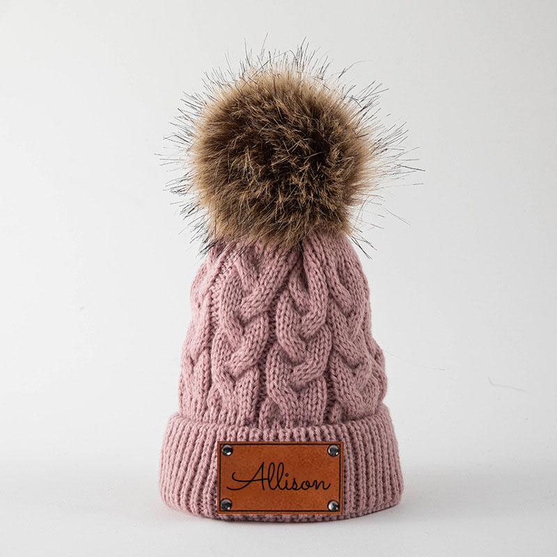 Personalized Leather Patch Pom Pom Hat