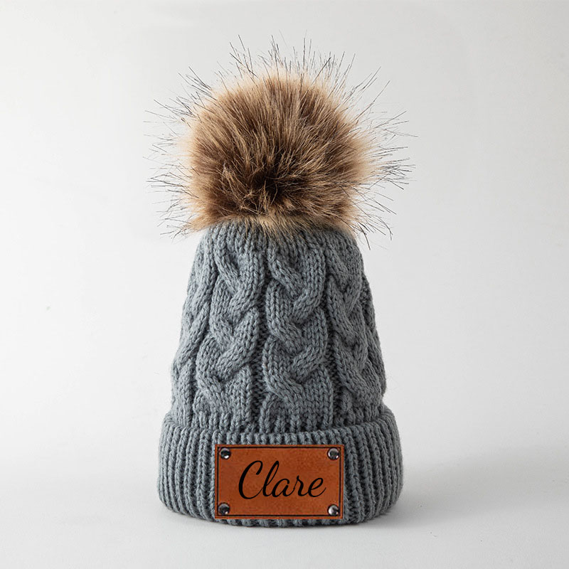 Personalized Leather Patch Pom Pom Hat