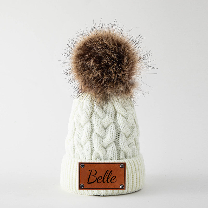 Personalized Leather Patch Pom Pom Hat