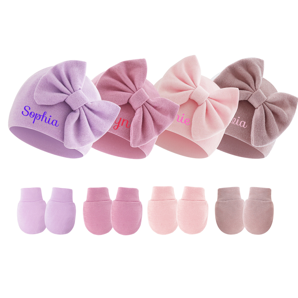 Personalized Newborn Coming Home Bow Beanie And Gloves Set | HSKid62