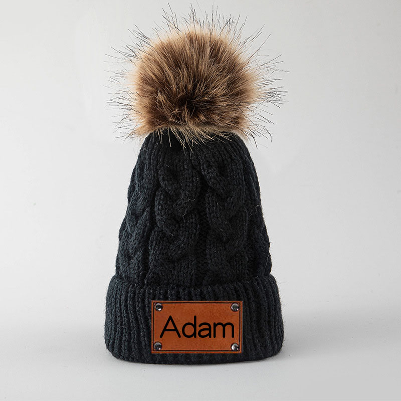 Personalized Leather Patch Pom Pom Hat