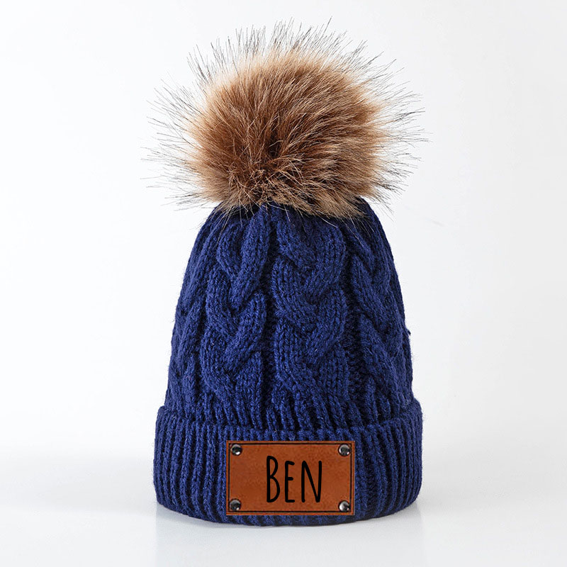 Personalized Leather Patch Pom Pom Hat