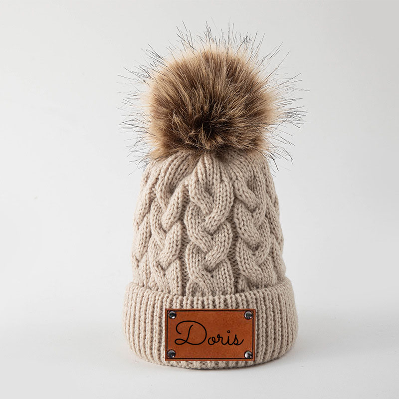 Personalized Leather Patch Pom Pom Hat
