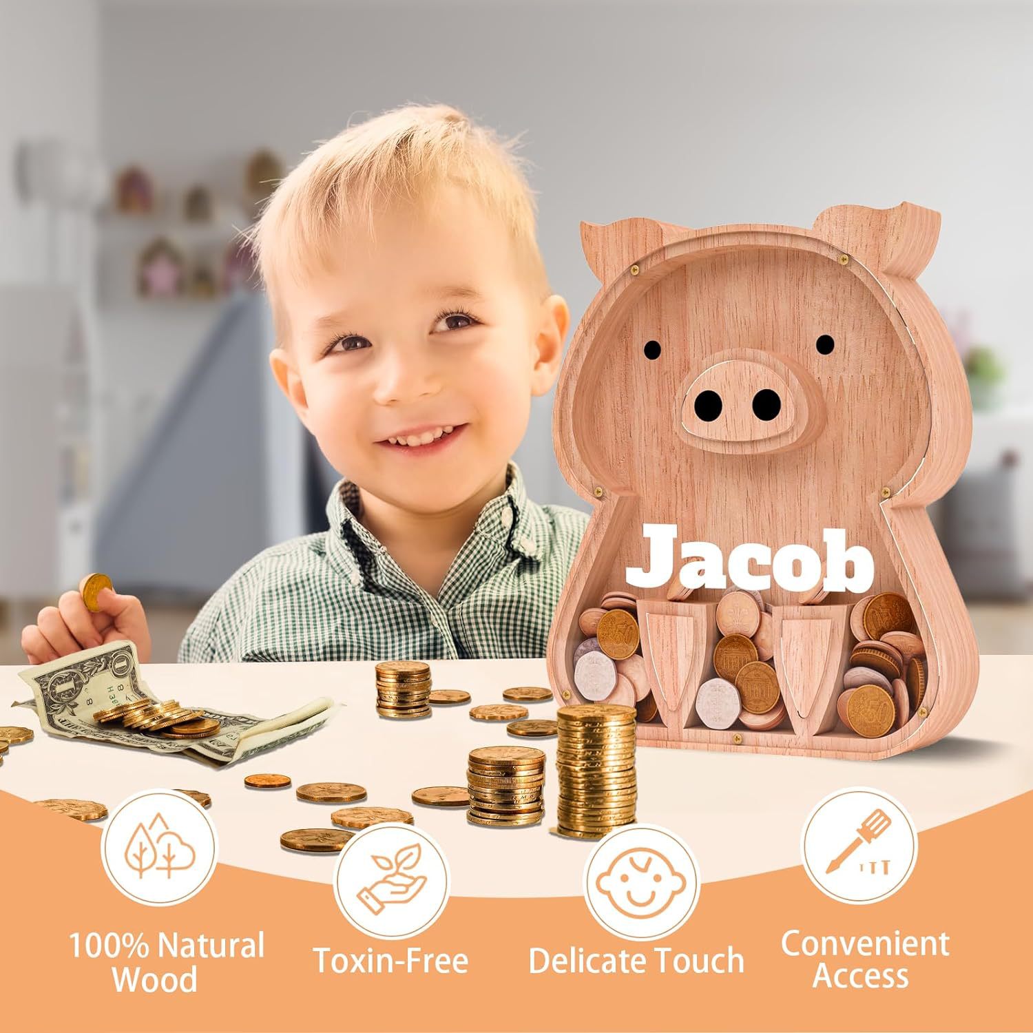 Personalized Kids Wooden Piggy Bank | CWToy66
