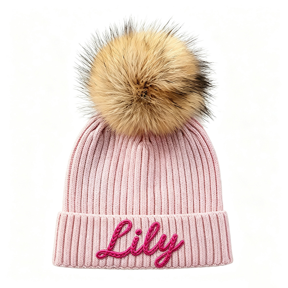 Personalized Hand Embroidered Kids Pom Beanie Winterhat | HSKid87