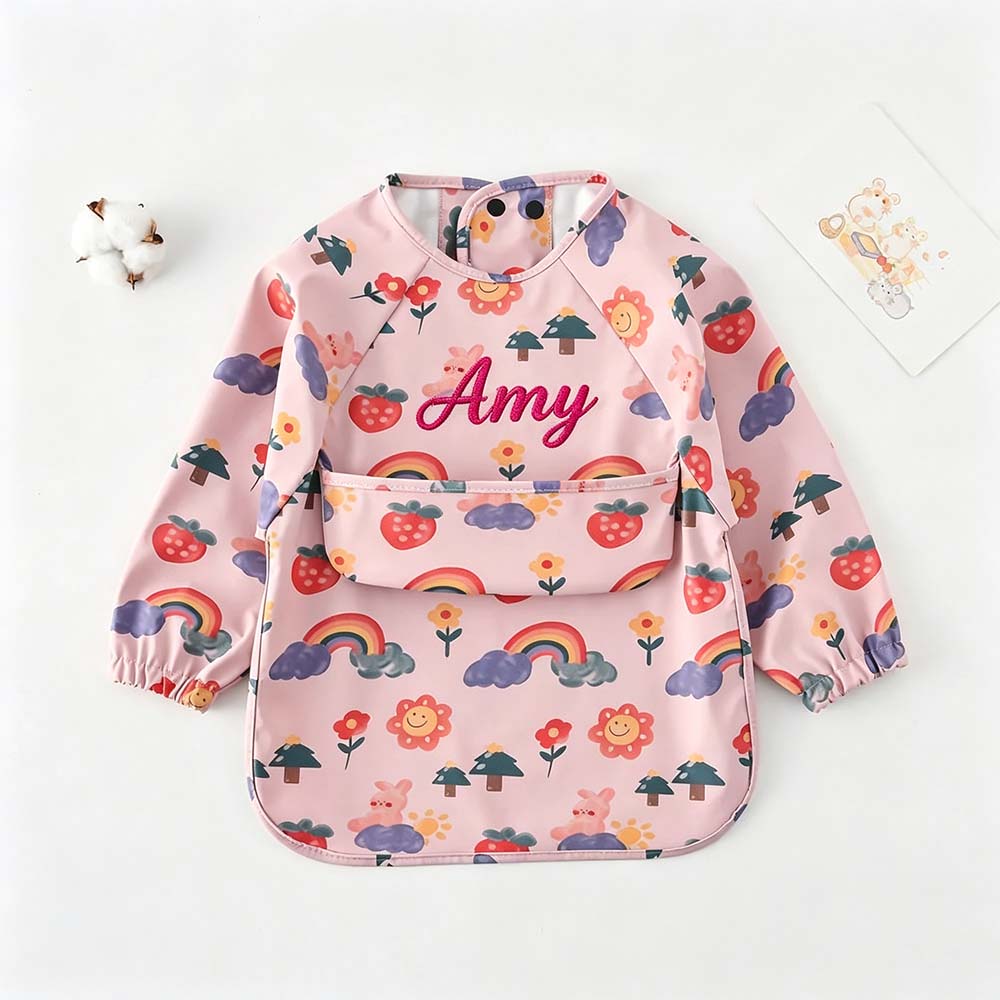 Personalized Embroidered Baby Bib Smock With Sleeves Feeding Cover | CWBaby561