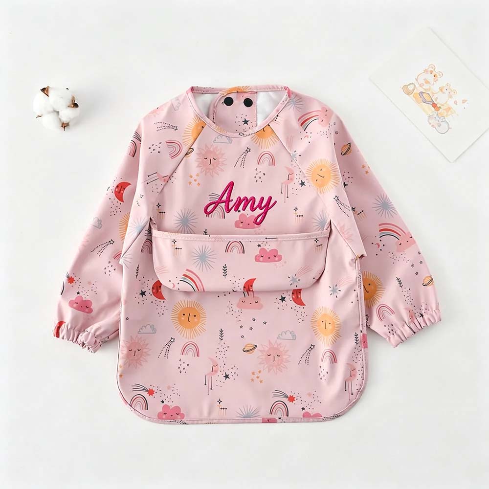 Personalized Embroidered Baby Bib Smock With Sleeves Feeding Cover | CWBaby561