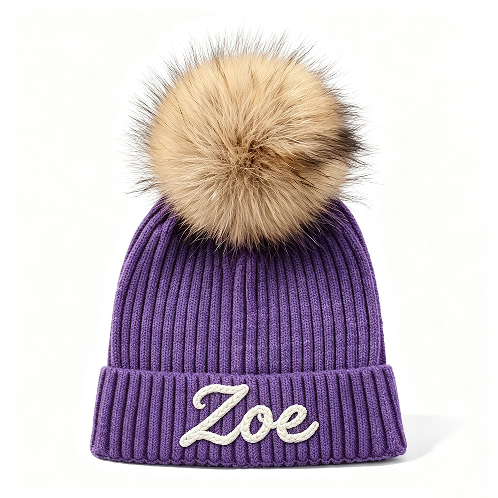 Personalized Hand Embroidered Kids Pom Beanie Winterhat | HSKid87