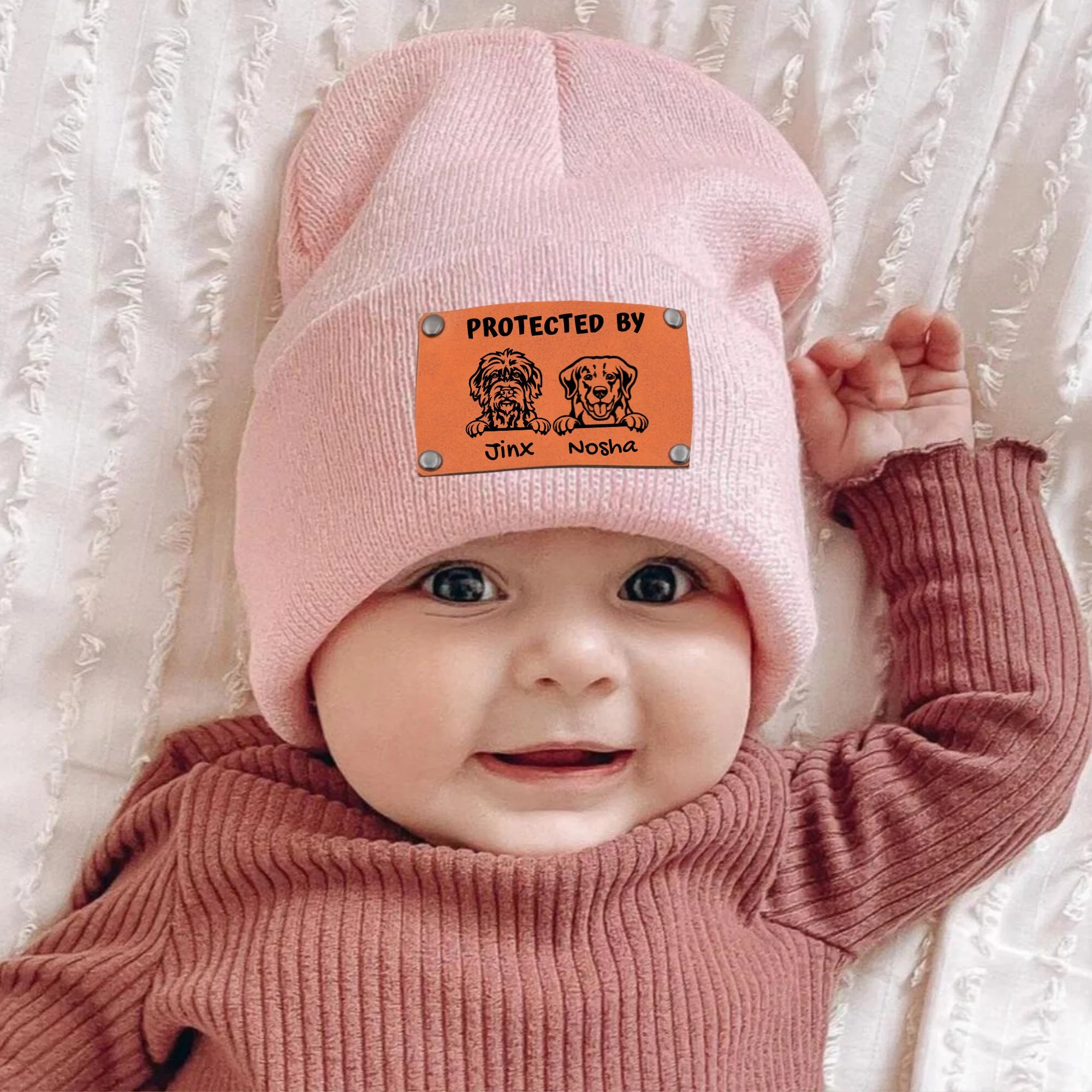 Personalized Vegan Leather Patch Baby Puppy Beanie | HSKid39