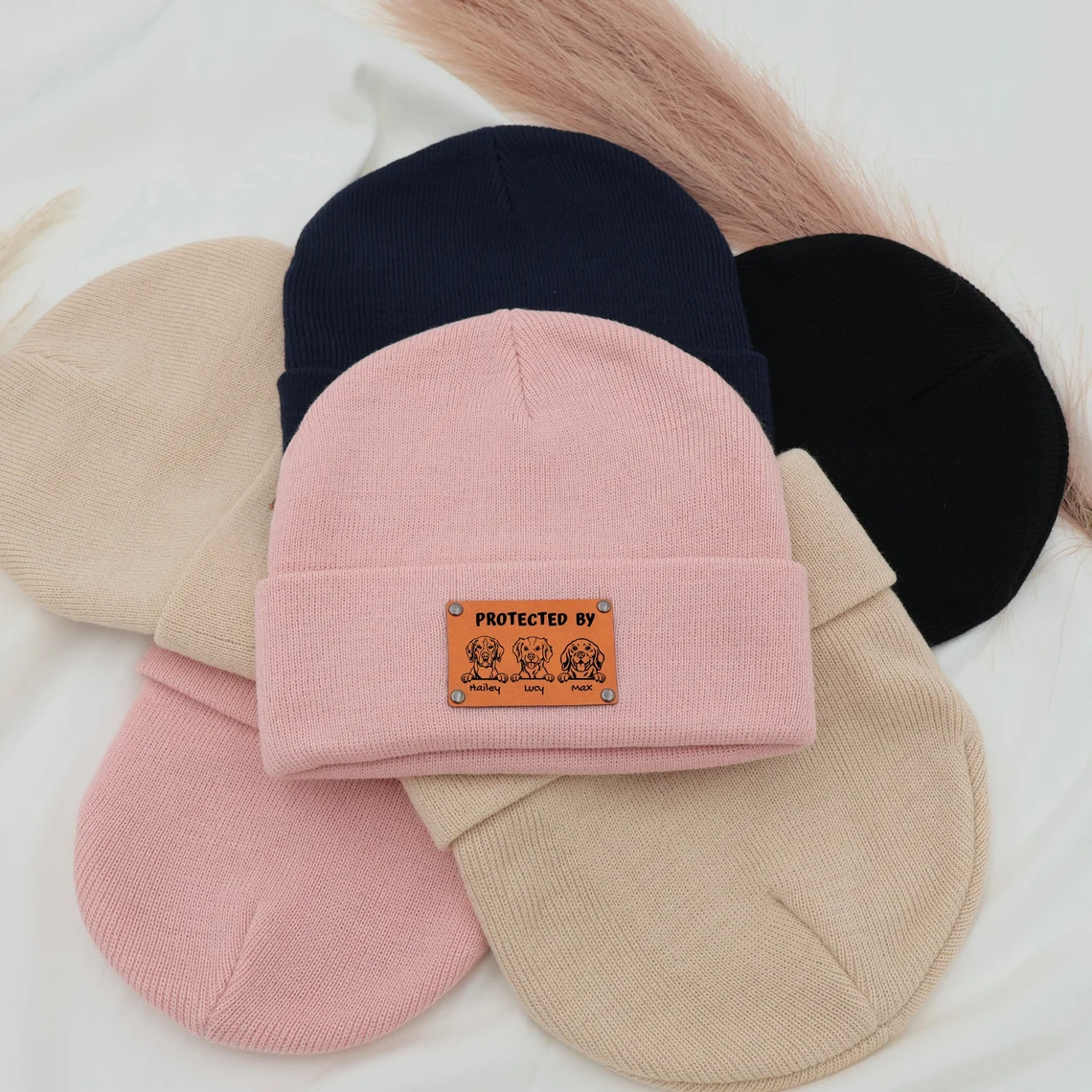 Personalized Vegan Leather Patch Baby Puppy Beanie | HSKid39