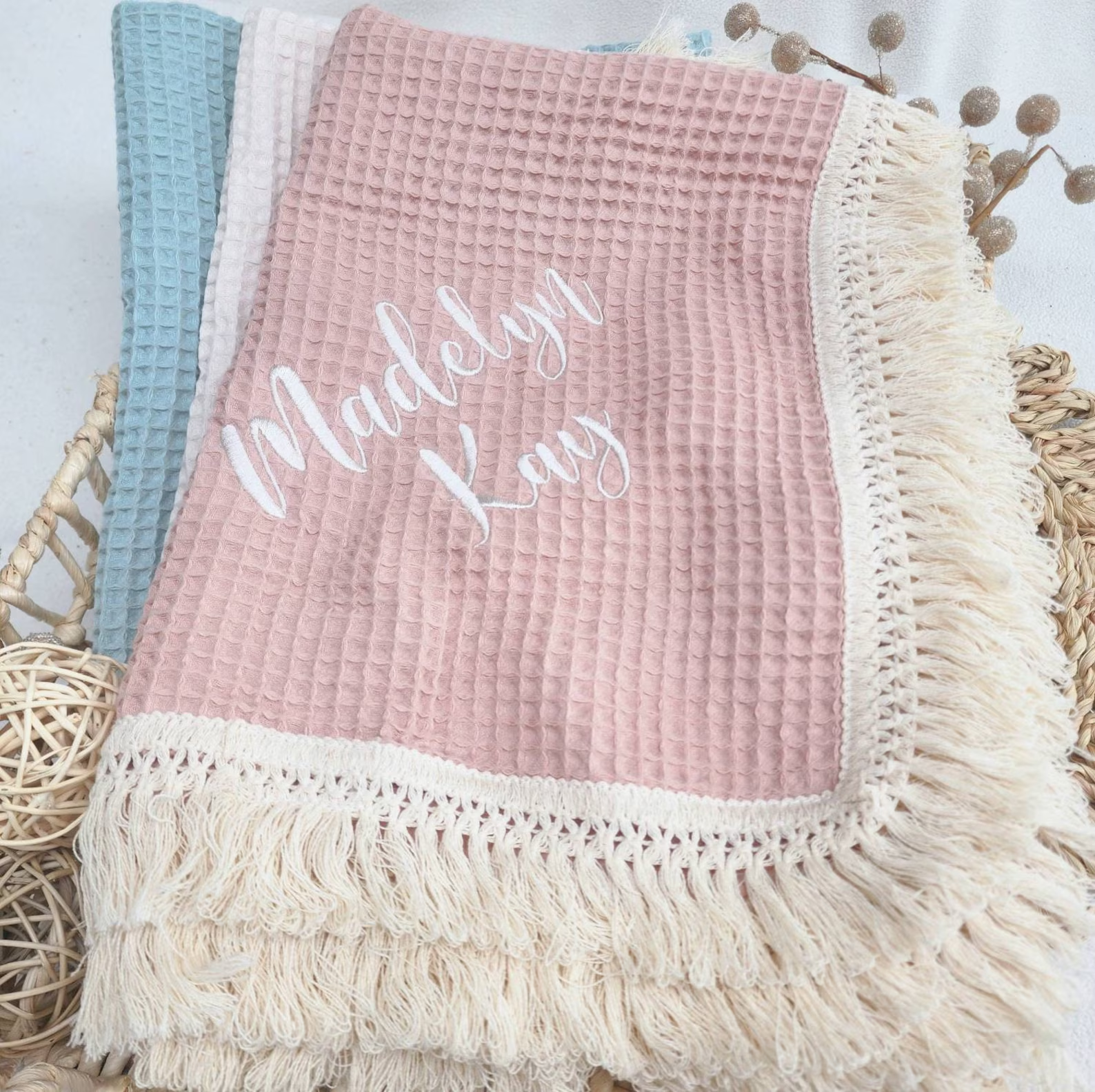 Personalized Embroidered Waffle Tassel Blanket for Comfort & Unique| CWBaby47